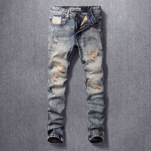 Men's Clothing Ripped Patch Jeans Men's Elastic Slim Fit Slim Feet Retro Old Trendy Straight_viptrois.com