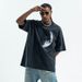 Autumn Winter American Style Rhinestone Half Moon Short Sleeve T-Shirt Unisex Couple Loose Base Shirt_viptrois.com