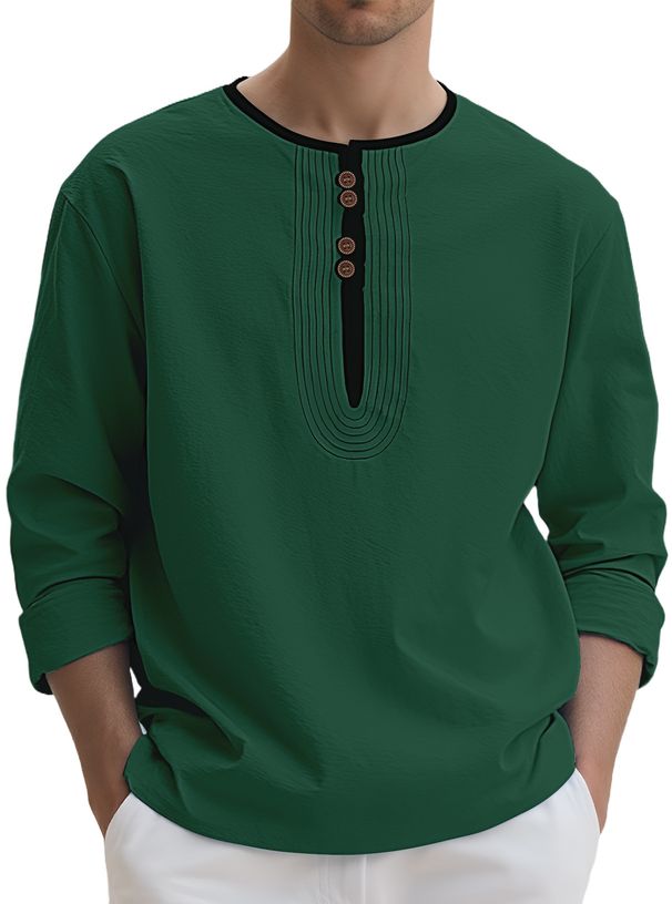 Men's Premium Linen Henley Neck Long Sleeve T-Shirt - Breathable Relaxed Fit Casual Top (White/Grey/Black/Khaki/Light Blue/Army Green) - S-XXXL_viptrois.com