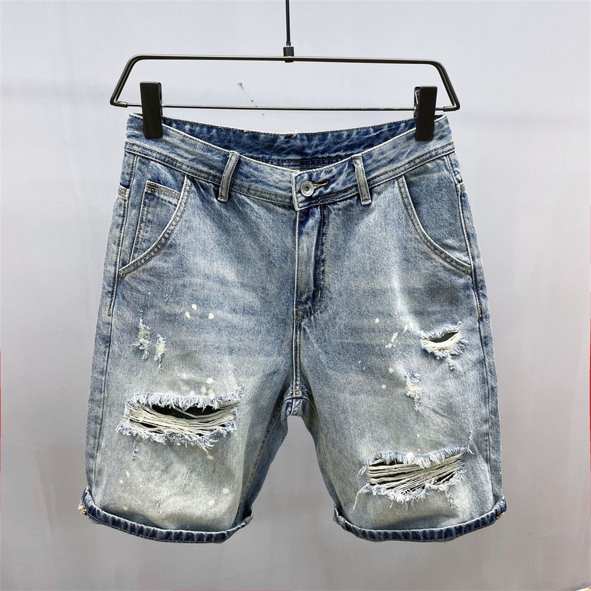 Men's Style High Street Distressed Denim Shorts Straight Leg Five Point Pants Summer Thin Casual Mid Length Splatter Painted_viptrois.com