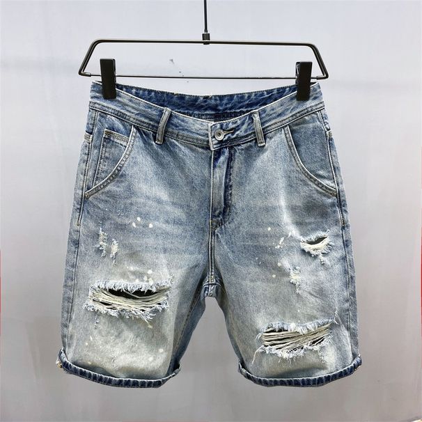Men's Style High Street Distressed Denim Shorts Straight Leg Five Point Pants Summer Thin Casual Mid Length Splatter Painted_viptrois.com