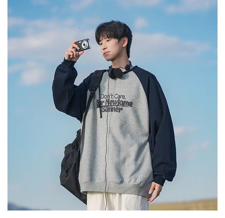 Raglan Sleeve Trendy Brand Japanese Retro Pullover Sweatshirt Spring Autumn Jacket Loose Fit Men's Fashion_viptrois.com
