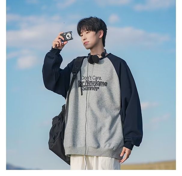 Raglan Sleeve Trendy Brand Japanese Retro Pullover Sweatshirt Spring Autumn Jacket Loose Fit Men's Fashion_viptrois.com