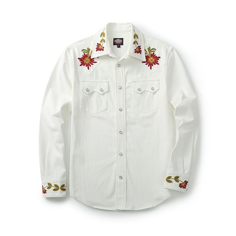 Men's Clothing Retro Slim Embroidered Shirt Cowboy Long Sleeve Shirt_viptrois.com