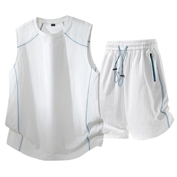Mens Fitness Basketball Uniform Set Summer Solid Color Sleeveless Tank Top Shorts Two Piece Sportswear Outfit_viptrois.com