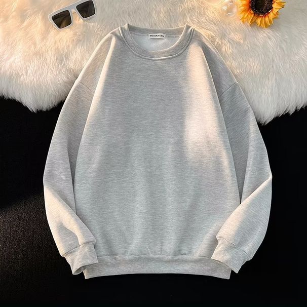 Pure Solid Color Men's Basic Round Neck Pullover Fleece Lined Base Sweatshirt Unisex Light Version Cultural Shirt_viptrois.com