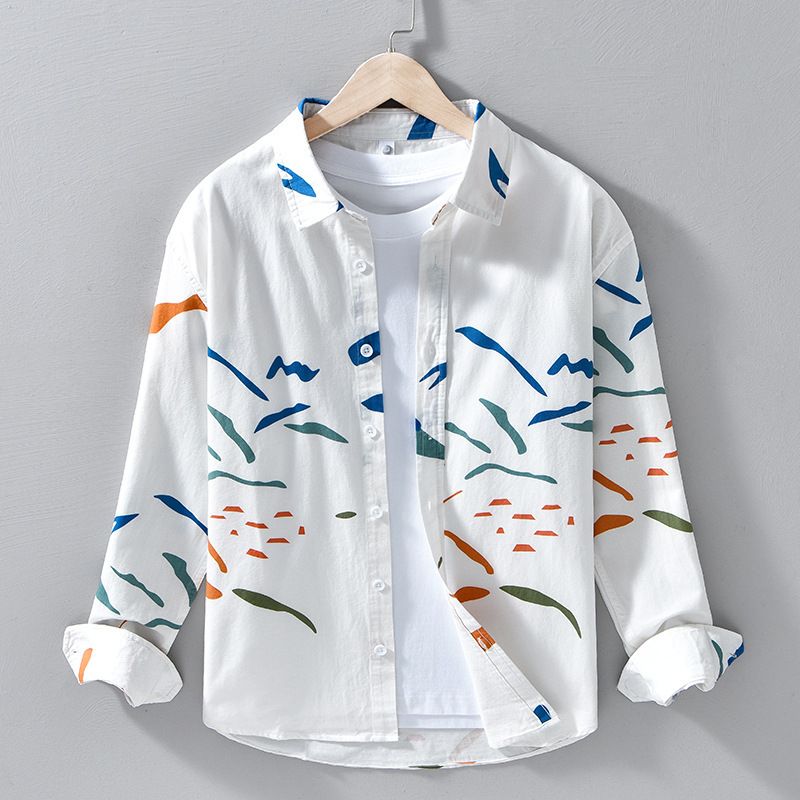Printed Fresh Long Sleeved Shirt, Fashionable And Versatile, Artistic And Casual Loose Top, Spring And Autumn Men's Shirt_viptrois.com