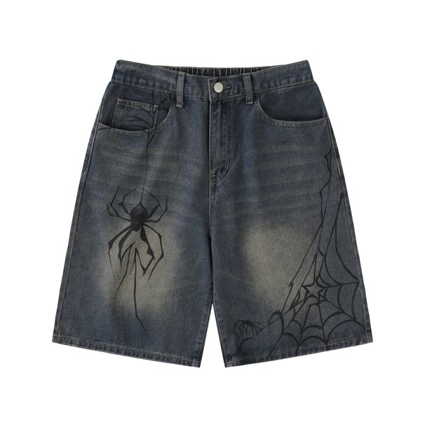 Men's Clothing Painted Spider Denim Shorts Loose Retro Distressed Blue Straight Shorts_viptrois.com