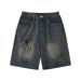 Men's Clothing Painted Spider Denim Shorts Loose Retro Distressed Blue Straight Shorts_viptrois.com