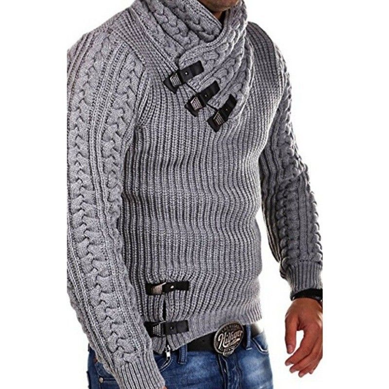 Men's Streetwear Pullover Sweater – Winter Stand Collar With Button Detail | Thick Knit & Ribbed Hem_viptrois.com