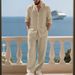 Men's Autumn Linen Long Sleeve Shirt And Pants Set Breathable Simple Henley Top Loose Fit Beachwear for Home_viptrois.com