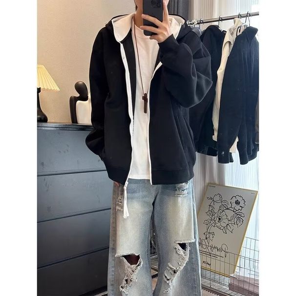 Color Blocked Hooded Cardigan Sweatshirt, Trendy Brand, Loose And Trendy New Style, Versatile And Stylish Casual Jacket_viptrois.com