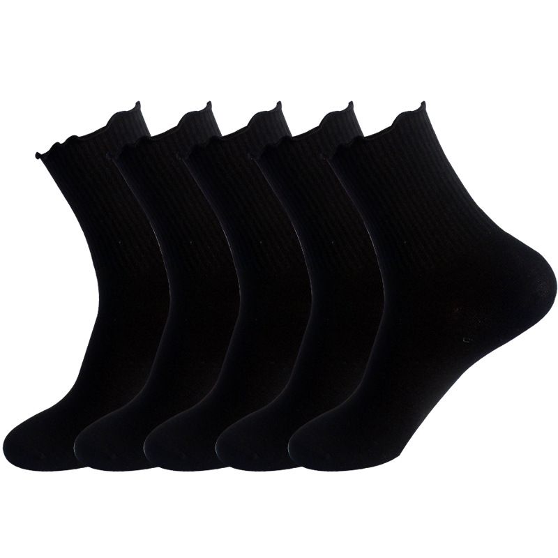 Women's socks Women's lovely pleated ankle socks autumn winter cotton socks with wooden ear lace midtube socks women's solid color_viptrois.com