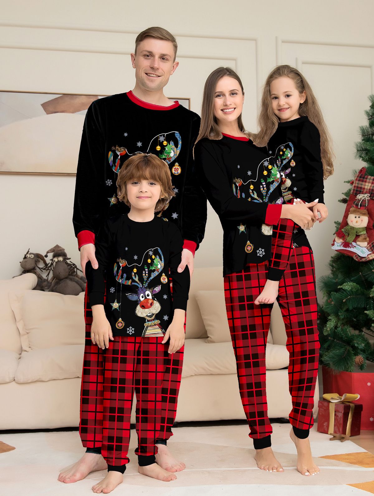 Christmas Plaid Fawn Christmas family dress printed homestay pajamas set_viptrois.com