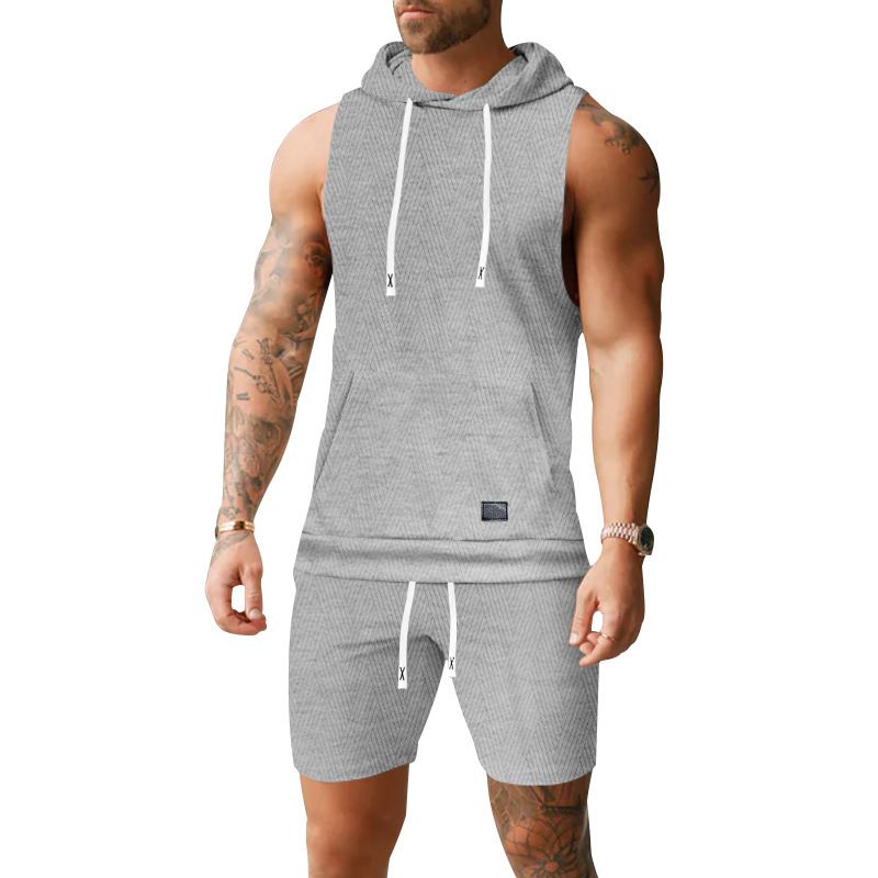 Men's Clothing Sleeveless Solid Color Jacquard Knitted Hooded Sleeveless Casual Vest Shorts Suit_viptrois.com