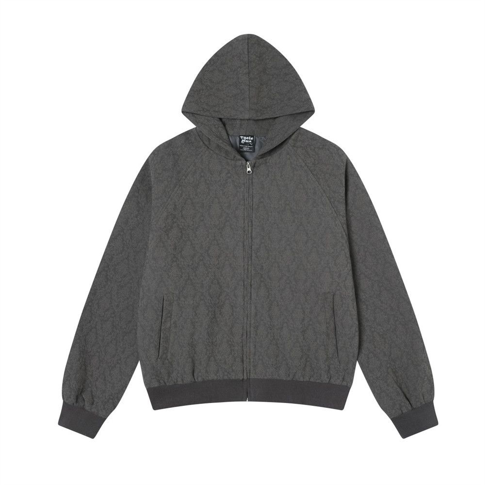 Dark Pattern Diamond Grid Hooded Men's High Street Versatile Loose Casual Short Zipper Jacket Trendy_viptrois.com