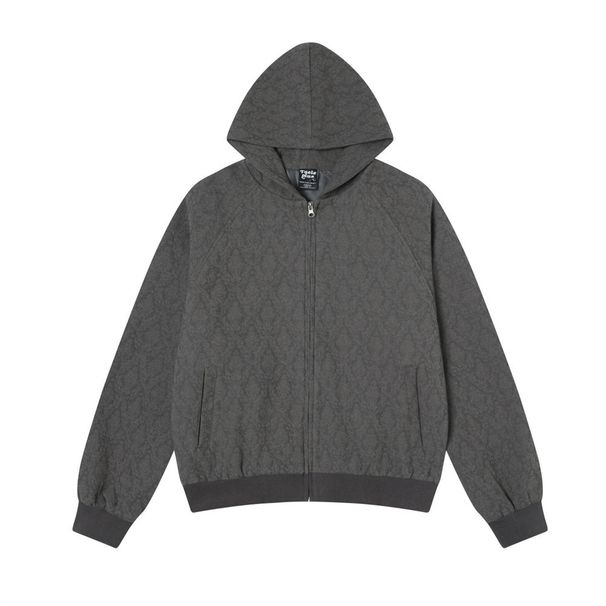 Dark Pattern Diamond Grid Hooded Men's High Street Versatile Loose Casual Short Zipper Jacket Trendy_viptrois.com