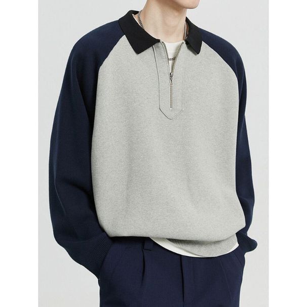 Men's Color-Block Zip Polo Shirt – Retro Long Sleeve Casual Top With Relaxed Fit (S-2XL, Light Grey)_viptrois.com