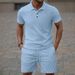 Summer New Men's Jacquard Solid Color Casual Lapel Button Polo Shirt Short Sleeve Shorts Suit_viptrois.com