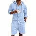 Men's Summer Linen Shirt And Shorts Set Casual Breathable Long Sleeved Solid Color Hooded Takeout American Style Vacation Wear_viptrois.com