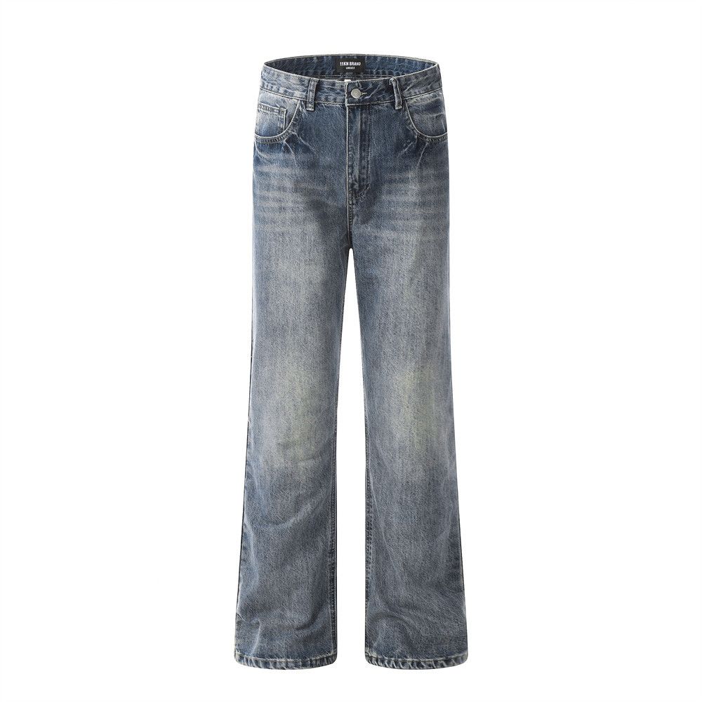 Men's Clothing Retro Washed Distressed Jeans For Men Trendy Loose Casual Straight Trousers Slim Flared_viptrois.com