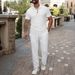 Men's Solid Color Jacquard Shirt Short Sleeve Lapel Button Casual Loose Fit Summer Cotton Polyester Linen Suit_viptrois.com
