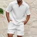 Men's Clothing Summer new men's casual fashion comfortable waffle solid color lapel shirt sports suit_viptrois.com