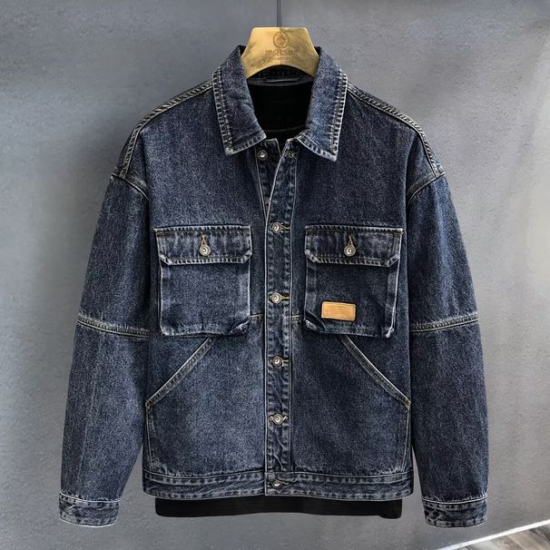 Autumn And Winter Multi Pocket Workwear Denim Jacket For Men, Loose Collar Retro Denim Jacket For Men_viptrois.com
