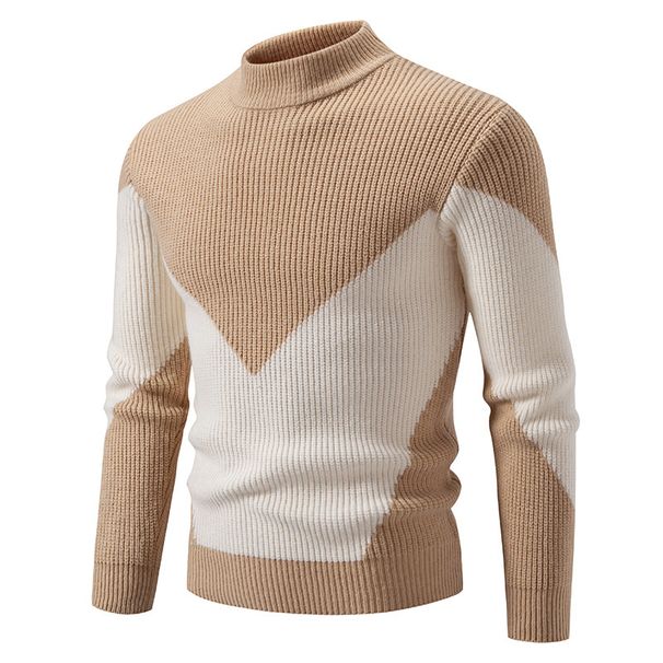 "Men's High Neck Color Block Pullover Sweater – Plus Size Knitwear, Stylish & Comfortable Casual Base Layer (M-4XL)"_viptrois.com