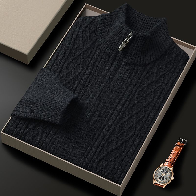Men's Half-Zip Knit Sweater Winter Thickened Fleece Lined Pullover Casual Business Style Comfortable Soft Yarn Long Sleeve Top_viptrois.com