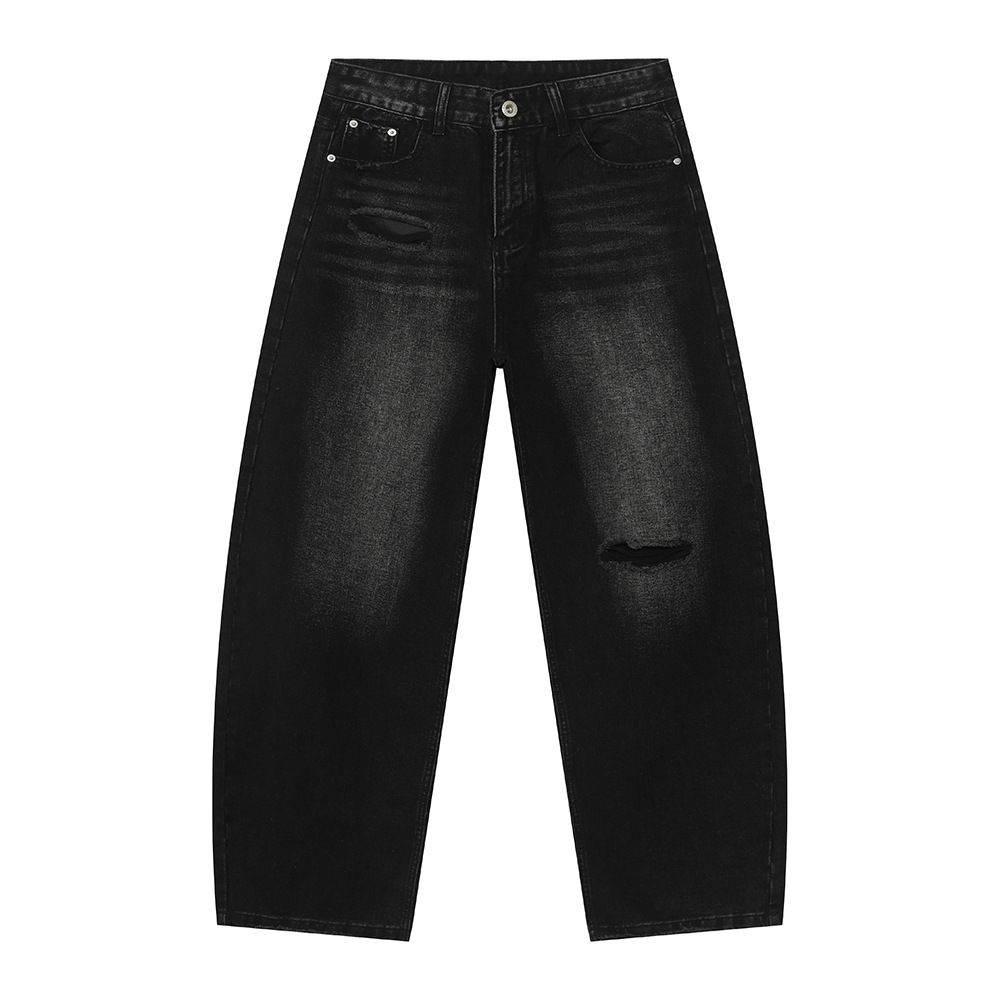 Men's Distressed Streetwear Jeans – Raw Hem Relaxed Fit Vintage Washed Denim Pants With Knee Slits & Bleach Splatter (S-XL, Mid-Rise, Zip Fly)_viptrois.com