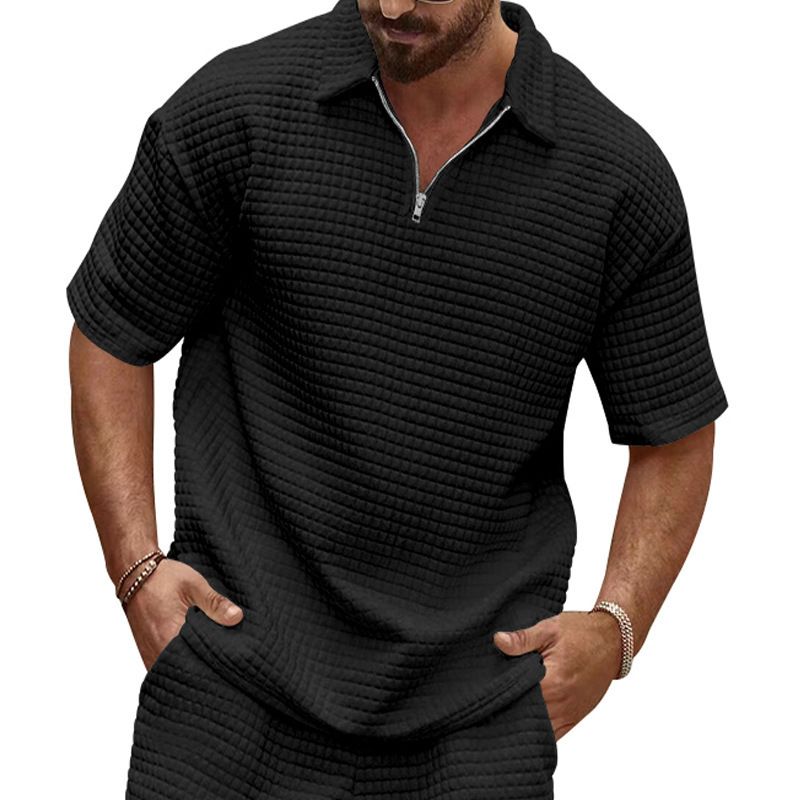 Men's Clothing Casual Comfortable Jacquard Small Square Solid Color Lapel Sports Short Sleeve_viptrois.com