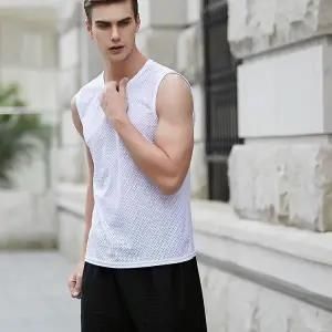 Pulse Ice Silk Vest Trendy Thin Mesh Breathable Quick-Dry Sports Wide Shoulder Outerwear Men's Sleeveless T-Shirt Summer_viptrois.com