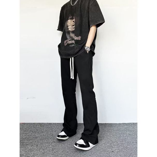 American Style High Street Flared Drawstring Jeans For Men, Autumn And Winter, Loose Straight Leg, Versatile Casual Trousers._viptrois.com