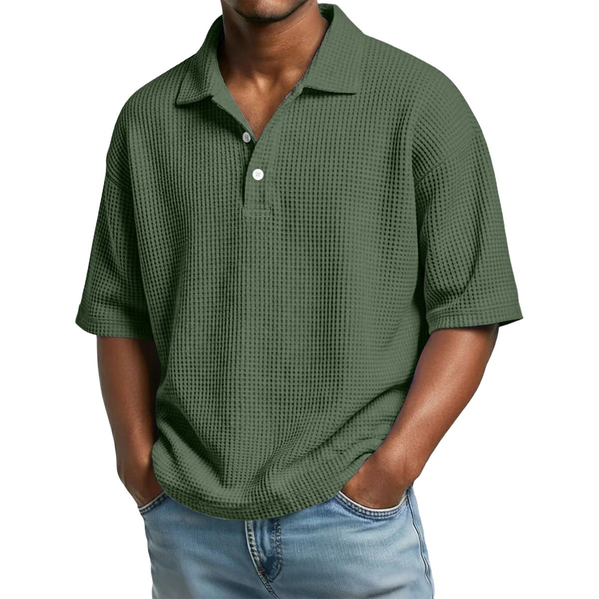Men's Retro Waffle Knit Polo Shirt - Breathable Short Sleeve With Button Placket (Purple/White/Beige/Green/Navy/Gray/Black/Red/Mint/Sky Blue)_viptrois.com