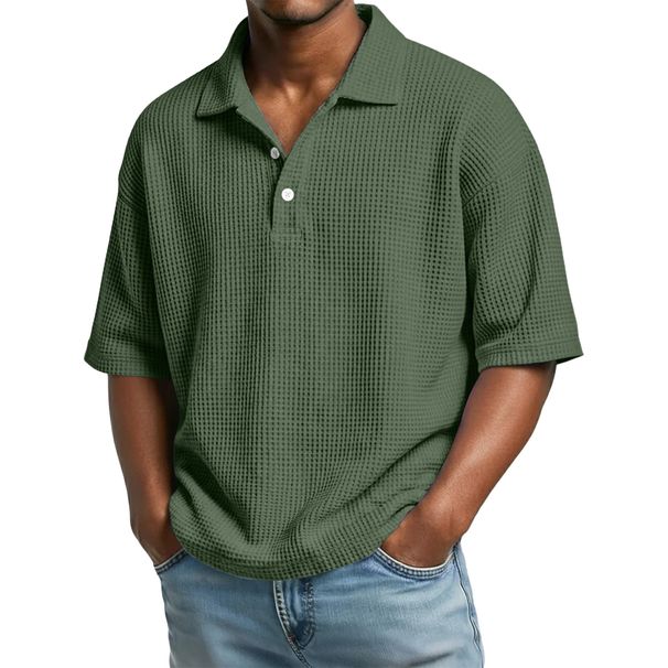 Men's Retro Waffle Knit Polo Shirt - Breathable Short Sleeve With Button Placket (Purple/White/Beige/Green/Navy/Gray/Black/Red/Mint/Sky Blue)_viptrois.com