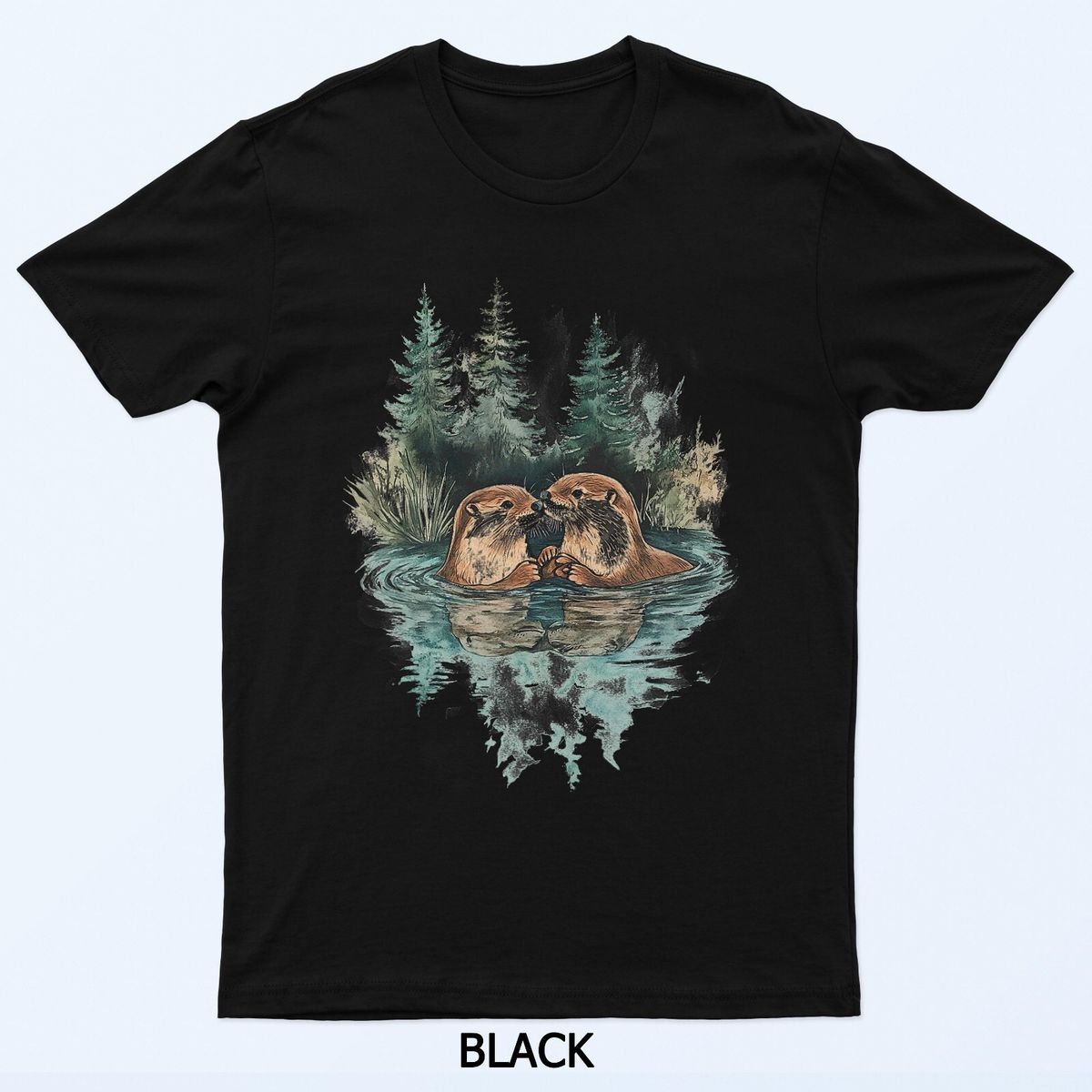 Otter Pair In Tranquil Forest Lake Reflection T-Shirt Mens Womens Tees Top_viptrois.com