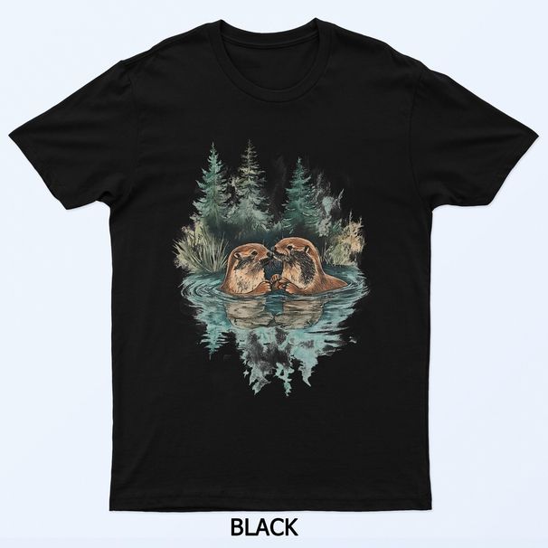 Otter Pair In Tranquil Forest Lake Reflection T-Shirt Mens Womens Tees Top_viptrois.com