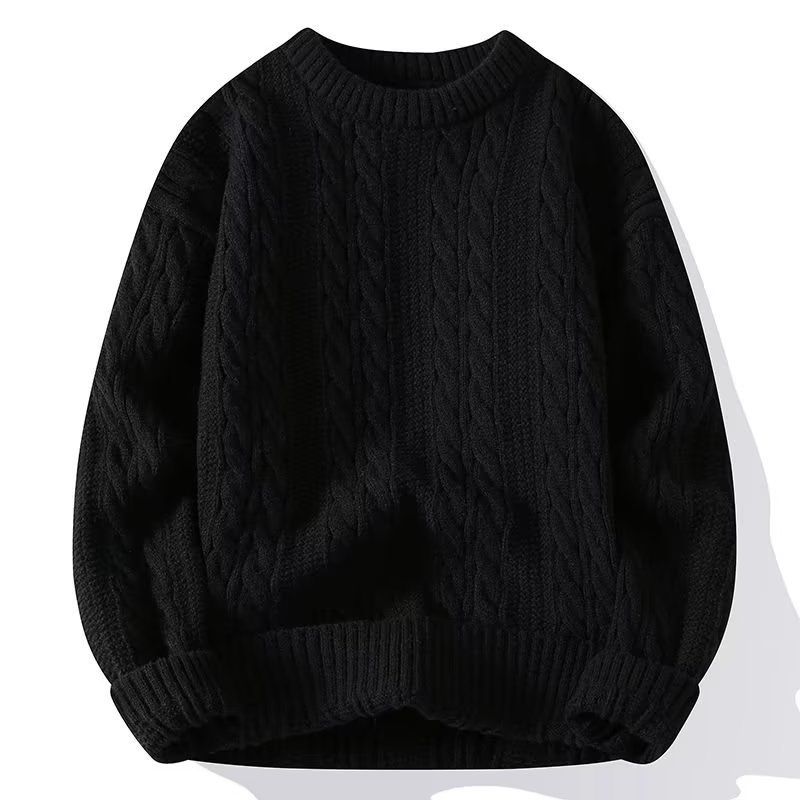 Men's Cable Knit Sweater - Oversized Fit, 100% Polyester, Round Neck Pullover (White/Black/Gray/Brown)_viptrois.com