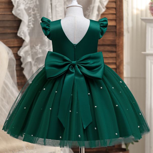 Kids' Clothing Girls Dress Flying Sleeve Pearl Mesh Princess Dress Backless Bowknot Piano Performance Costume_viptrois.com