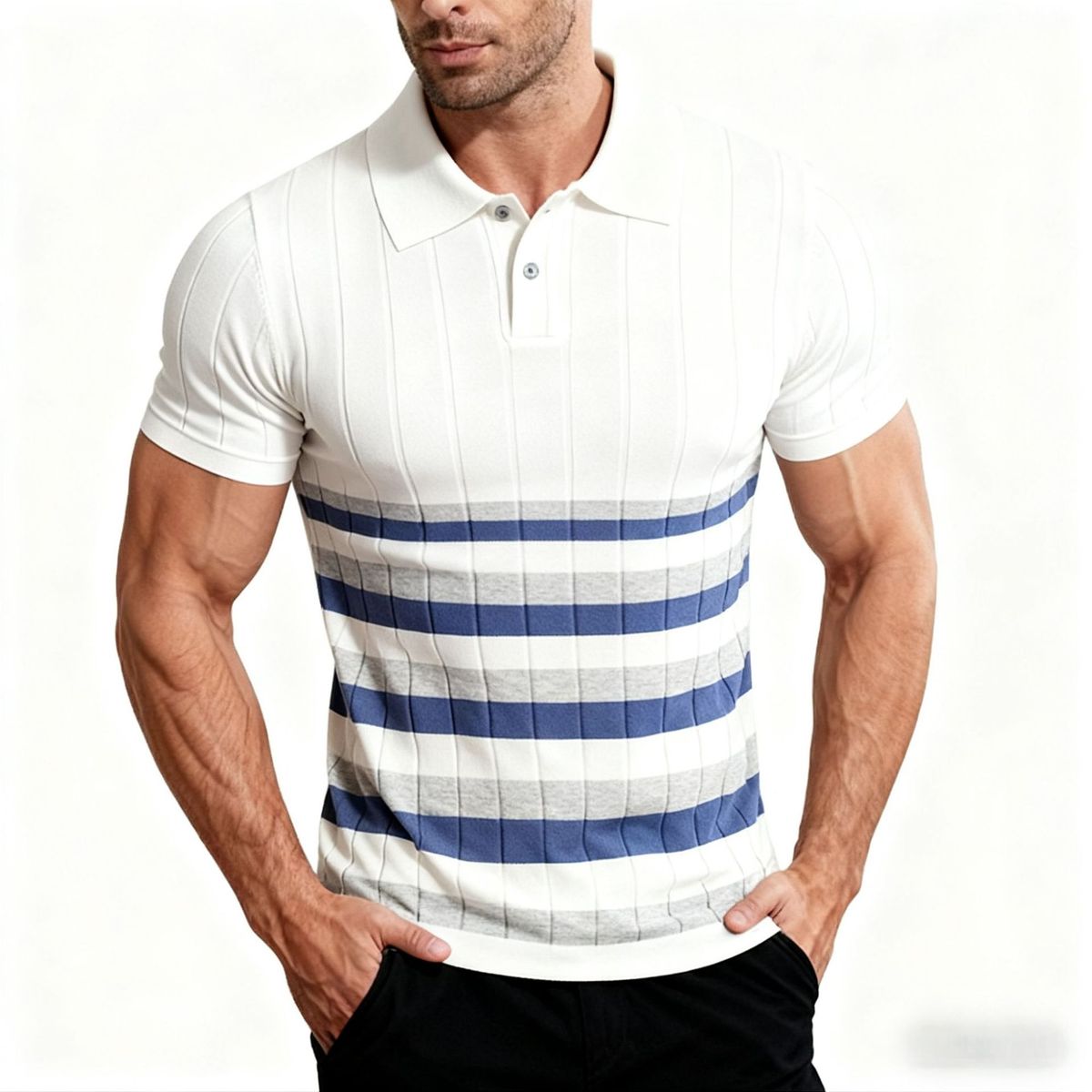 Men's Slim-Fit Short-Sleeve Polo Shirt – Cooling & Quick-Dry Business Casual Top (Breathable, Moisture-Wicking, Striped Design)_viptrois.com