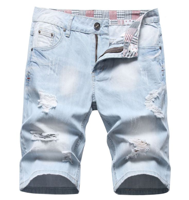 Men's Summer Light Blue Denim Shorts Mid-Thigh Length Distressed Casual Relaxed Fit Five-Pocket Design_viptrois.com