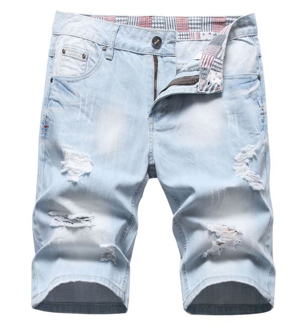 Men's Summer Light Blue Denim Shorts Mid-Thigh Length Distressed Casual Relaxed Fit Five-Pocket Design_viptrois.com