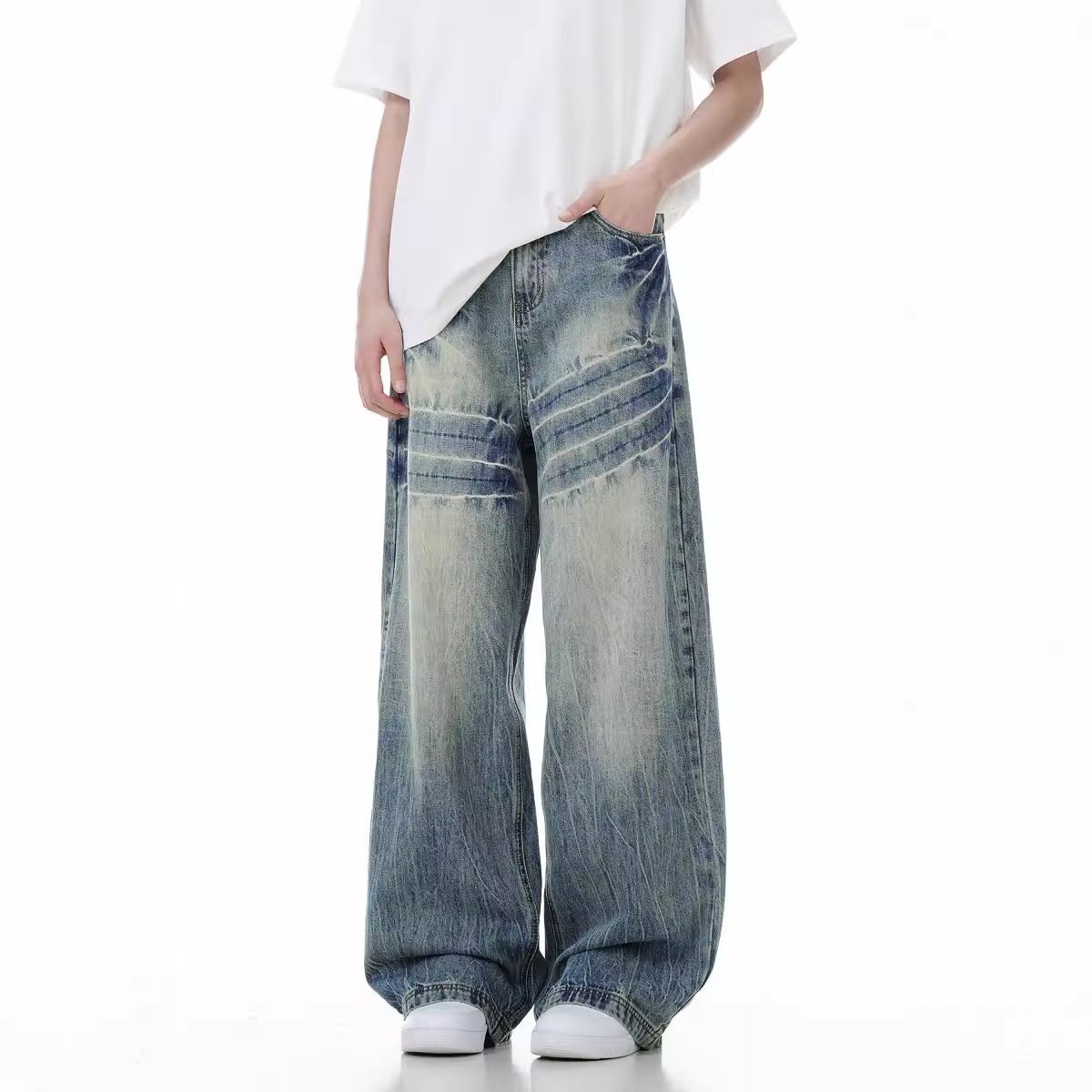 Men's Clothing Light Blue Flared Jeans For Men Autumn Trendy Brand Loose Washed Pants High Street Straight Scimitar Pants_viptrois.com