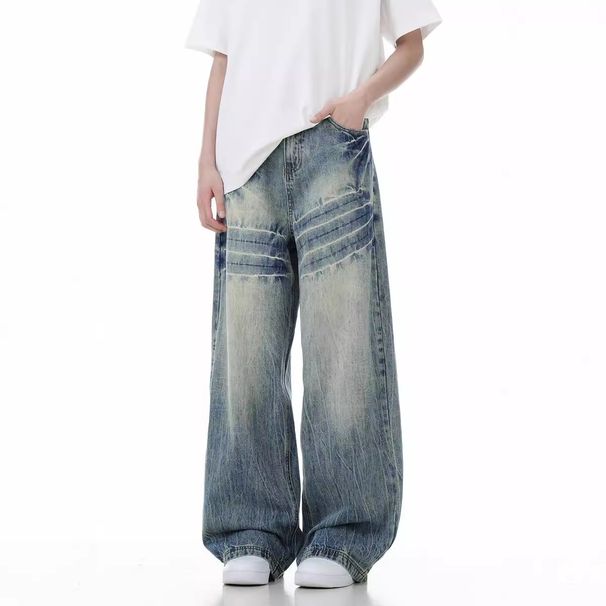 Men's Clothing Light Blue Flared Jeans For Men Autumn Trendy Brand Loose Washed Pants High Street Straight Scimitar Pants_viptrois.com