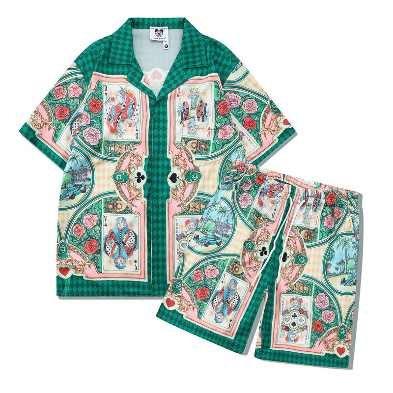 Men's clothing high street flower shirt suit retro poker street shirt casual cardigan shorts matching men_viptrois.com