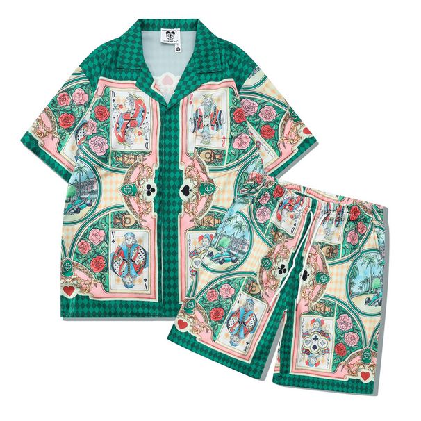 Men's clothing high street flower shirt suit retro poker street shirt casual cardigan shorts matching men_viptrois.com