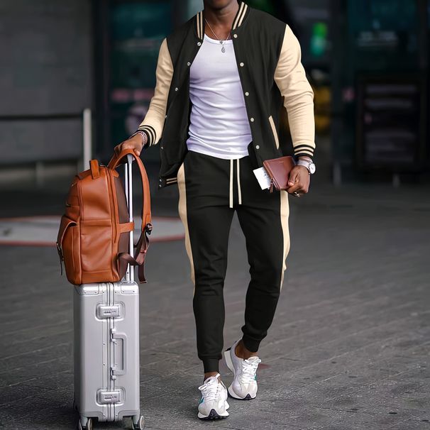"Men's Autumn Casual Two-Piece Set - Loose Fit Cardigan Baseball Jacket & Trousers (Black/Grey/Peacock Blue, S-XXXL)"_viptrois.com