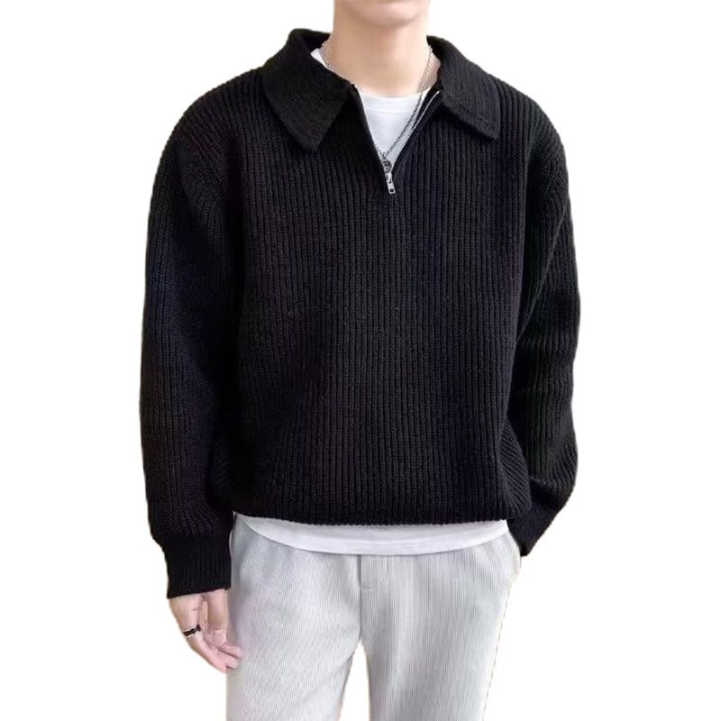 Men’S Slim-Fit Polo Knit Sweater – Half-Zip Business Casual Pullover, Breathable & Stretch Polyester (Black/Grey/Khaki) – All-Day Comfort_viptrois.com