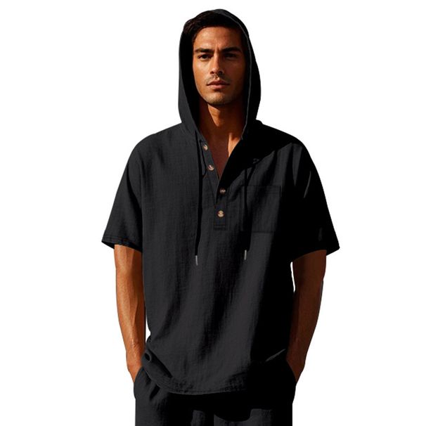 Men's New Linen Hooded Short-sleeved T-shirt Fashion Simple Loose Pullover Henley Shirt Tops_viptrois.com